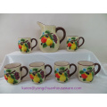 Ceramic Handpainted Pitcher with Handle and Mugs